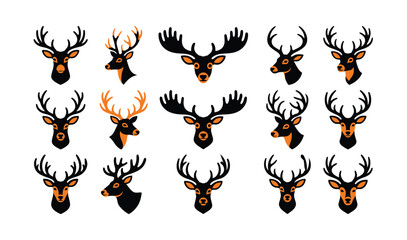 Fototapeta premium Set of deer head icons with antlers in black and orange