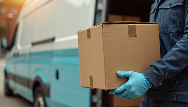 Delivery service courier wearing protective gloves holding blank cardboard parcel box near delivery van