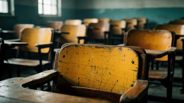 Empty classroom with old wooden row lecture chairs. Rows of worn desks, seats sit in dusty school room. Rural education poverty, lack of resources in poor village school. Empty study hall waiting for