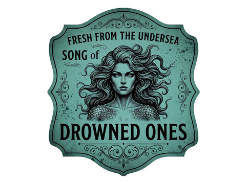Vintage siren mermaid emblem badge label with decorative frame isolated on transparent background

