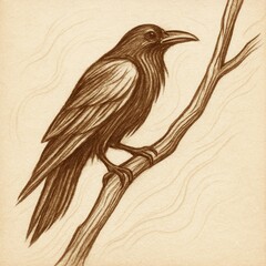 Obraz premium Raven perched on a bare branch with glossy feathers and a heavy beak, drawn in brown sepia chalk