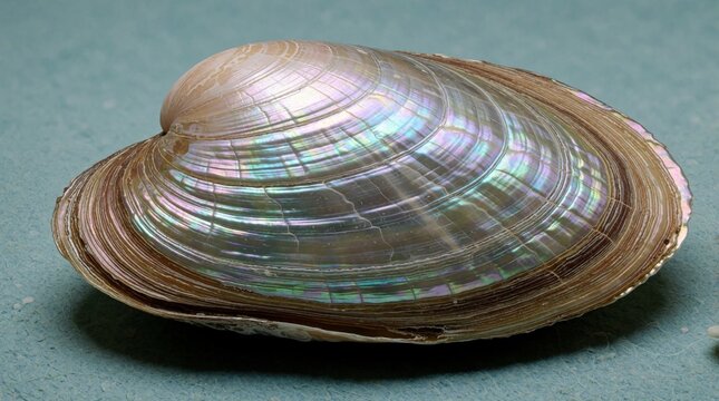 Iridescent mollusc shell rests on blue textured surface. Closed bivalve displays subtle color shifts. Macro shot shows intricate outer layers. Represents ocean life and delicacy.