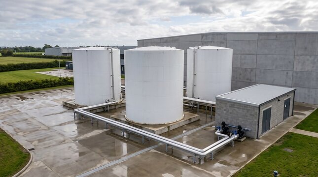 Data Center Chilled Water Tanks On Concrete Plinths In A Wet Yard With Insulated Pipe Runs And A Blockwork Pump House