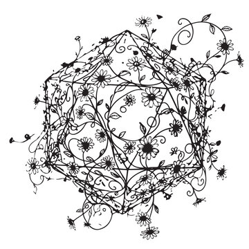 Floral D20 Polyhedral Dice Botanical Vines Vector Illustration.
