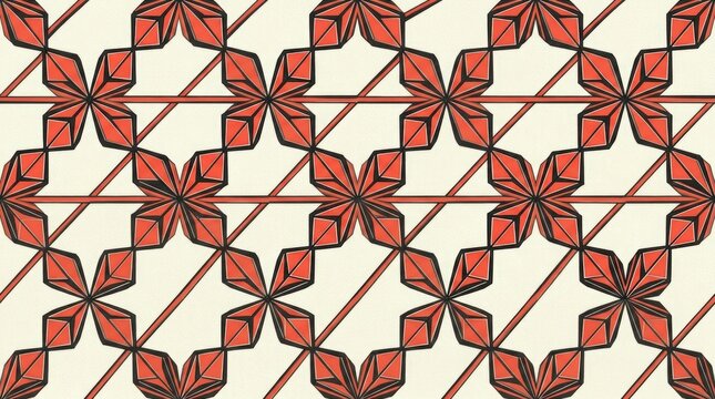 Geometric seamless pattern with red star shapes and linear grid