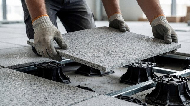 Construction worker installs granite tiles on adjustable pedestals creating a stable raised floor. Hands carefully place stone slab for data center infrastructure assembly, ensuring level surface.