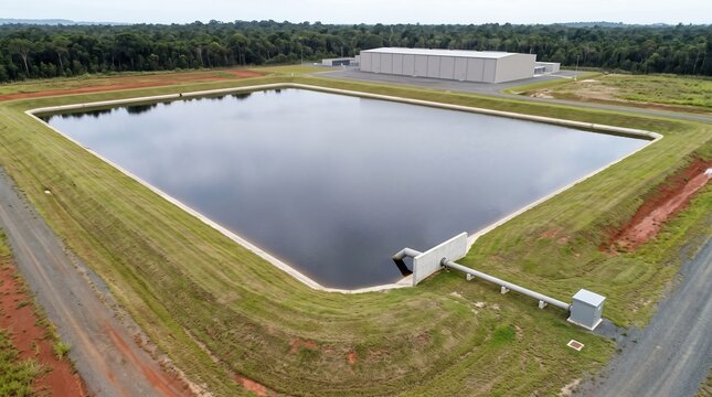 Data Center Stormwater Pond With A Pipeline Outfall And Headwall