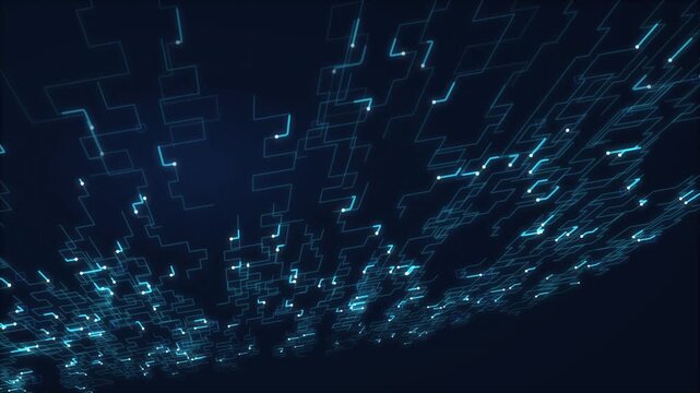 Cybernetic circuit board background featuring glowing blue digital tracks and data pathways moving across a dark technological grid network.