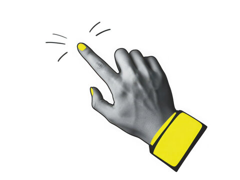 An illustrated artistic hand points with a yellow fingertip isolated on transparent background. Ideal for digital navigation, tutorials, or creative design elements.