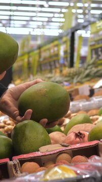Handheld mango inspection at grocery produce aisle continues as shopper weighs ripeness and shape. Fruit selection feels careful and focused among stacked tropical fruits under store lights.