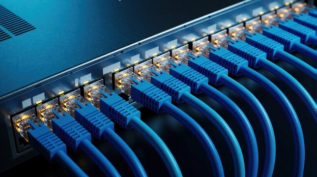 Top view of blue ethernet cables plugged into network switch. Many LAN wires connect to hardware device in data center. Internet communication lines organized in server room for high speed digital