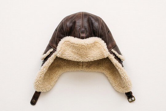 Vintage style brown leather aviator hat with shearling trim on white