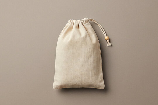 Natural canvas drawstring gift bag with a wooden bead on a taupe background