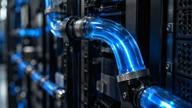 Liquid cooling system with blue transparent coolant pipes and fittings inside modern data center server rack for high performance computing hardware