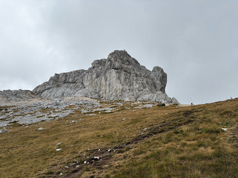 Limestone peak rising above alpine grassland