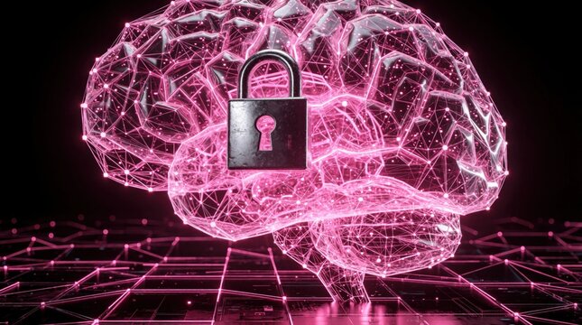 Wireframe brain model glowing pink with metal padlock on top. Digital network lines spread across dark background, representing secure information or data.