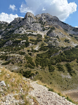 Vertical limestone peak above an alpine meadow