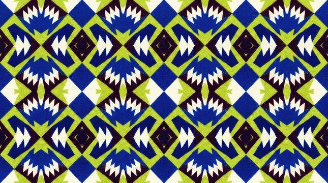Geometric tribal pattern with blue lime and white diamond shapes