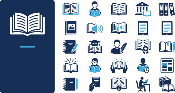 Book icon set. Containing library, read, author, journal, reading, bookshelf, magazine, e-book and more. Vector solid icons collection.