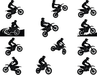 Fototapeta premium Motocross rider silhouettes collection of extreme dirt bike stunt jumps on white background