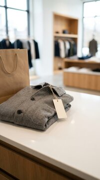 Herringbone wool-blend jacket with blank tag on counter beside shopping bag in modern retail store