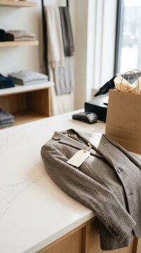 Herringbone wool-blend jacket with blank tag on retail counter, shopping bag nearby, ample copy space