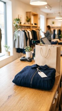 Navy blue wool blend jacket with blank price tag on checkout counter beside shopping bag in bright retail store
