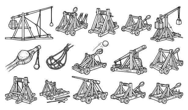 Ancient Medieval Siege Weapons Wooden Catapult and Trebuchet Vector Collection