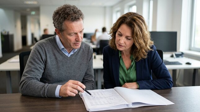 Two staff members reviewing a bank reconciliation exception report, exceptions handling and audit review