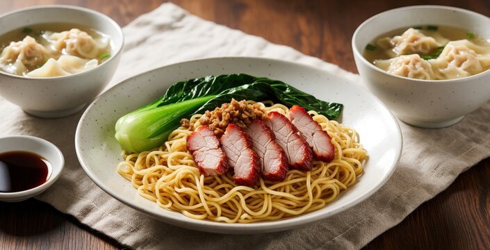Delicious wonton mee dish with egg noodles, sliced BBQ pork char siu, green choy sum, crispy garlic. Two bowls of wonton soup served on side. Authentic Cantonese cuisine meal on wooden table with