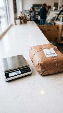 Digital scale displaying 0.86 kg next to a brown paper-wrapped parcel with twine and an unreadable sticker, highlighting food weighing and packaging