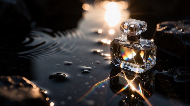 Glass perfume bottle on dark water surface