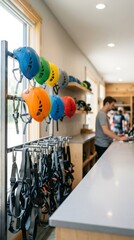 Fototapeta premium Bright retail space with colorful safety helmets and harnesses for rent, offering ample copy space for advertising