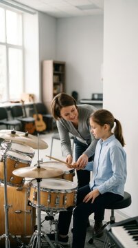 Teacher guiding young student's hands on drumsticks in music lesson, bright classroom with copy space