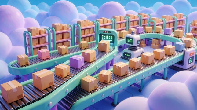 Cartoon automated factory with a robot sorting packages on conveyor belts. Cardboard boxes move along production lines in a whimsical warehouse setting with soft cloud like background elements.