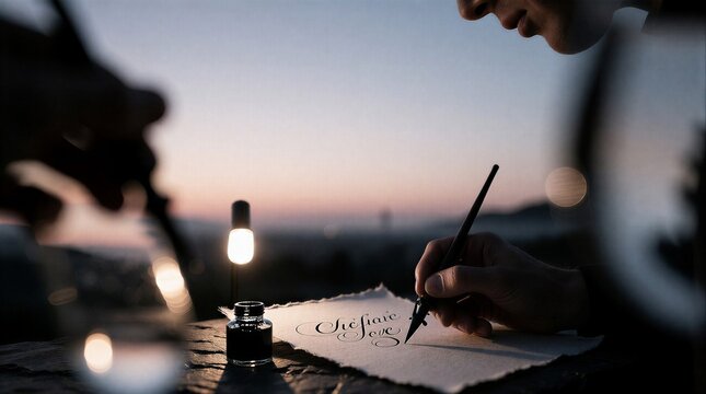 Hand writing calligraphy with ink pen at dusk