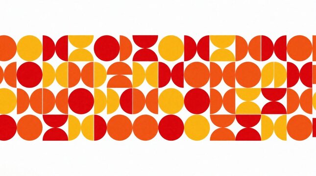 Abstract geometric pattern with red orange and yellow circles and semicircles. Simple shapes create a modern cheerful composition on white background. Great for banners or graphic design elements.