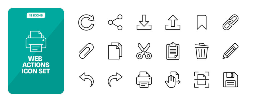 Web actions line icon set with reload, share, print, save, download, upload, bookmark, copy, delete, scan, and related symbols
