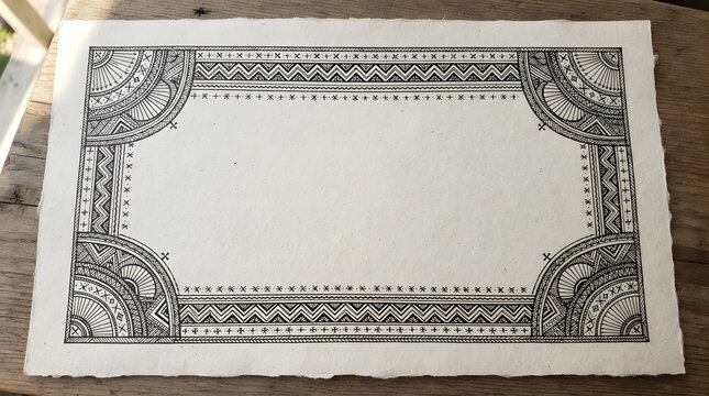 Handcrafted black ink decorative border frame printed on textured off-white handmade paper with copy space