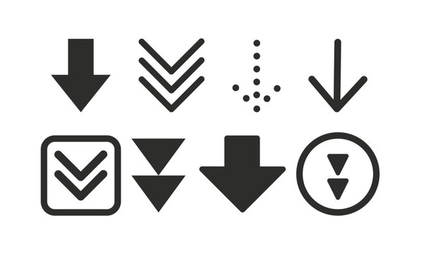 Double arrow down icon set, vector illustration. Various simple download icons, files download symbols, flat design