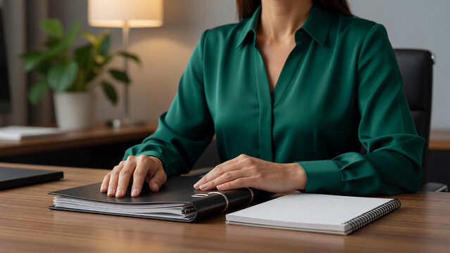 Woman sitting with hands on binder at office desk, business professionalism and corporate organization