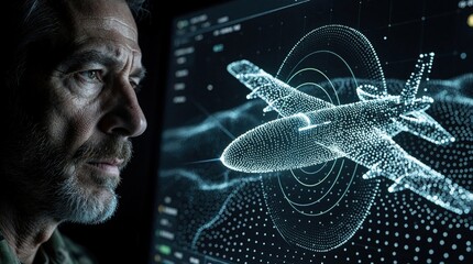 Obraz premium Serious man studies digital aircraft schematic on screen. Analyst examines 3D model, tracking data, and flight paths. Military computer interface shows global surveillance and intelligence.
