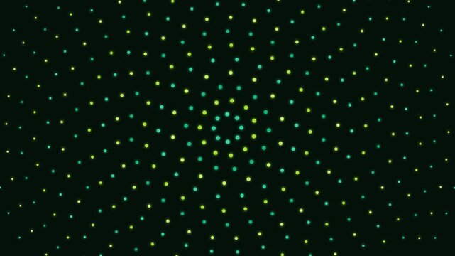 Geometric dots radiate outward in a mesmerizing circular pattern of glowing yellow and turquoise lights against a deep dark background.