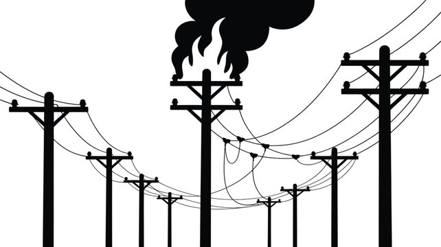 Black and white silhouette of multiple electrical utility poles connected by power lines, with one transformer on fire emitting smoke, white background