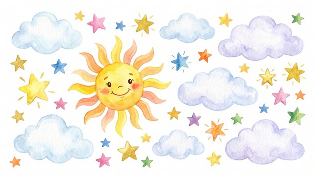 Whimsical Watercolor Weather Illustration with Suns, Clouds, Stars, Moon, Rainbow, Sparkles, Cheerful Celestial Design, 4K Image 