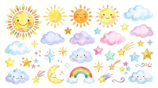 Whimsical Watercolor Weather Illustration with Suns, Clouds, Stars, Moon, Rainbow, Sparkles, Cheerful Celestial Design, 32K Revolutions