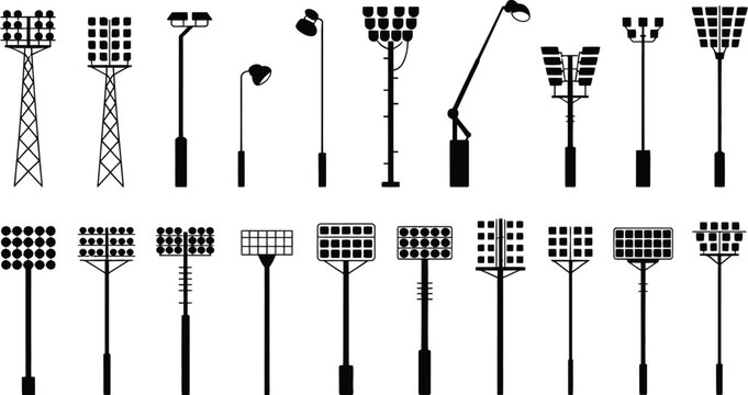 Collection of black silhouettes of various stadium floodlights, street lamps, and tall light poles, isolated on a white background, set of outdoor lighting fixtures