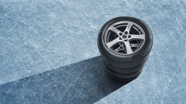 Car tires with a great profile on ice-covered asphalt. Set of winter tyres.