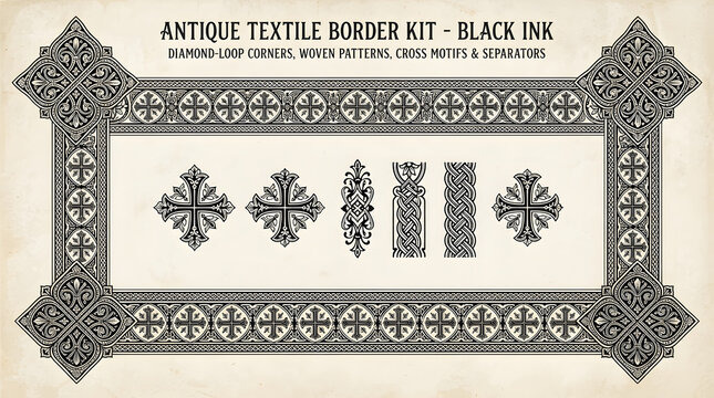Set of antique textile border designs and decorative elements in black ink on a vintage paper texture