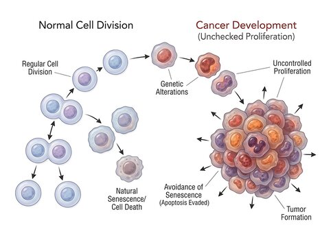 Comparison diagram showing normal cell division versus cancer